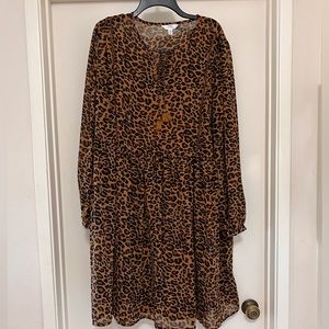 Time and Tru leopard cheetah print boho long sleeve tassel tie front dress 16/18